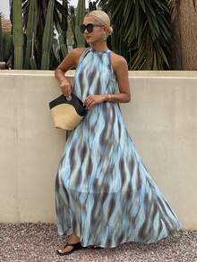 Livesso 女士夏季度假印花吊带中长连衣裙 - 藍色 - 查看 5