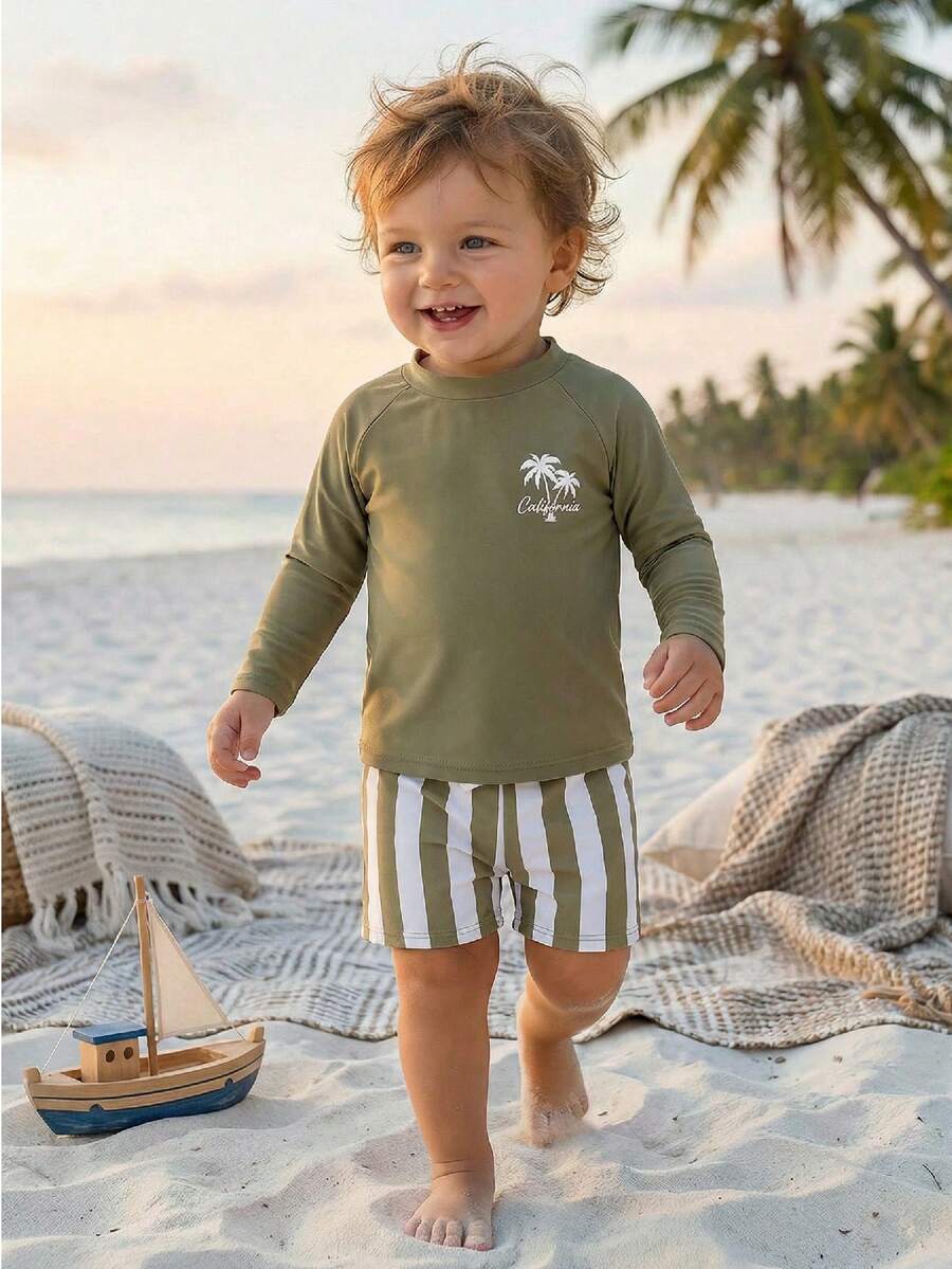 SHEIN 2pcs Kids Boys Summer Vacation Casual Knit Coconut Tree Print Long Sleeve Swimsuit & Striped Swim Trunks Set - Multicolor - View 1