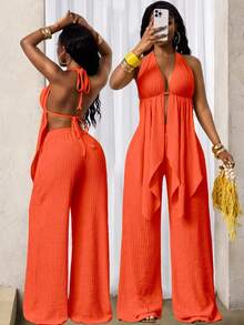 SHEIN BamGlam Bộ đồ hai mảnh quần short vải dệt họa tiết dây đeo cổ gợi cảm và thời trang mới - trái cam - Xem 8