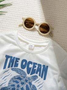 SHEIN 2pcs/Set Baby Boy/Girl Funny Sea Turtle Animal Print Round Neck Knit Top T-Shirt And Shorts,Blue White Stripe,Summer,Casual,Beach,Holiday 2-Piece Set - Blue - View 8