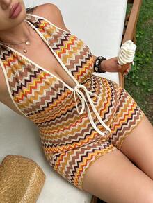 Sunnyshic Plus Size Women's Jumpsuit With Layered Jacquard Bandeau Slim Fit Comfortable For Spring/Summer Loungewear Gym Brown - Multicolor - View 6