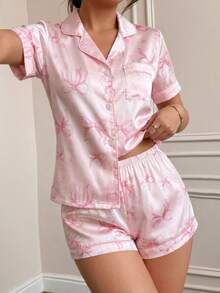 Conjunto de pijama infantil feminino, tecido de cetim macio, blusa de manga curta e shorts com laço charmoso e estampa, roupa de dormir confortável. - Multicolorido - Ver 5