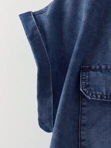 EMERY ROSE EMERY ROSE Kemeja Denim Kasual Wanita Lengan Pendek Kancing Tunggal dengan Saku - Dark Wash - View 3