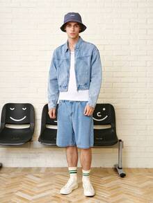 Zalmeno 男士浅蓝色落肩长袖短款休闲牛仔夹克 - 淺色水洗藍 - 查看 4