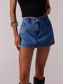 SHEIN Forever 21 Vintage Casual Street Style Distressed Denim Mini Skirt For Women, Spring - Dark Wash - View 6