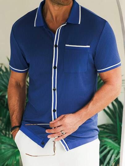 Manfinity CasualCool 男士蓝色罗纹撞色滚边前开襟短袖衬衫