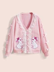 ROMWE Kawaii Women's Innocent Girl Cute Rabbit Embroidered Lace Trim Bow Decor Heart Button Plus Size Cardigan, Pink - Pink - View 1