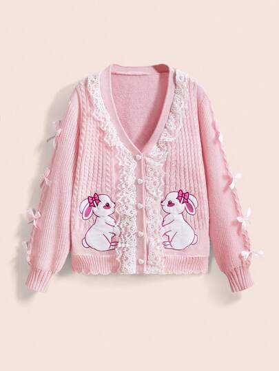 ROMWE Kawaii Áo khoác cardigan cỡ lớn dành cho nữ, màu hồng, thêu hình thỏ dễ thương, viền ren, nơ trang trí và cúc hình trái tim.