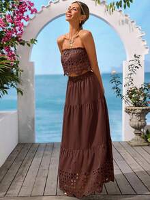 Vivid Eden Women's Solid Color Minimalist Daily Wear Bandeau Top And Skirt 2-Piece Set,Vacation Outfits Women - Brown - View 6