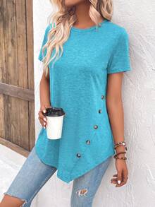 EMERY ROSE Women's Casual Solid Color Asymmetrical Hem T-Shirt, Summer - Blue - View 5