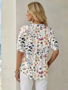 EMERY ROSE 休闲简约度假波西米亚风优雅浪漫复古花卉水彩彩色印花图案，适合音乐节、海滩装扮、度假装扮、女士夏季服装、女士衬衫 - 彩色 - 查看 2