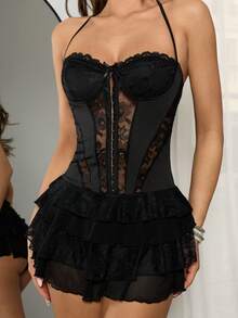 SHEIN ICON 女士撞色蕾丝前扣性感吊带迷你连衣裙 - 黑色 - 查看 7