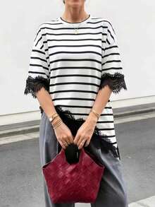 Pariaura New Summer Collection: Women's Loose-Fit Short-Sleeve T-Shirt Featuring A Designer Asymmetrical Hem, Black-And-White Striped Paneling, And Black Lace Trim-Perfect For Vacation, Casual Outings, And Everyday Summer Wear. - Black and White - View 3