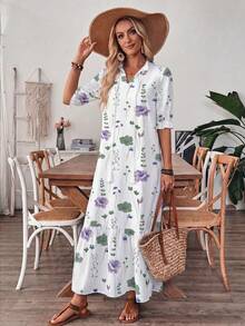 EMERY ROSE V-Neck Printed Ruffle Hem Elegant Sexy Casual Vacation Dress With Drawstring Golf White Summer - Multicolor - View 5