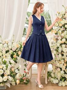 2pcs/Set Blue Denim Sleeveless Vest & Pleated Mini Skirt For Teenage Girls - Dark Wash - View 4