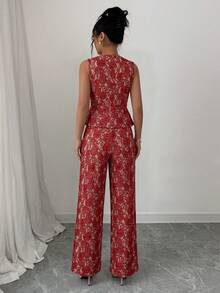 Elenzga 新款优雅女士休闲套装，白色蕾丝套装，饰以撞色蕾丝和珍珠纽扣，适合情人节约会、万圣节、返校季、春夏蕾丝套装、办公室职业装、教师服、通勤、休闲、度假等场合。 - 酒紅色 - 查看 2