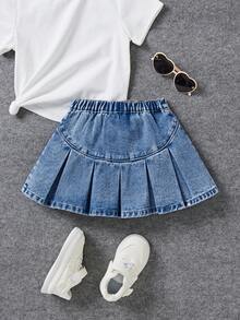 PrepCrw 年轻女孩褶皱牛仔裙，春夏波西米亚风短裙 - 淺色水洗藍 - 查看 3