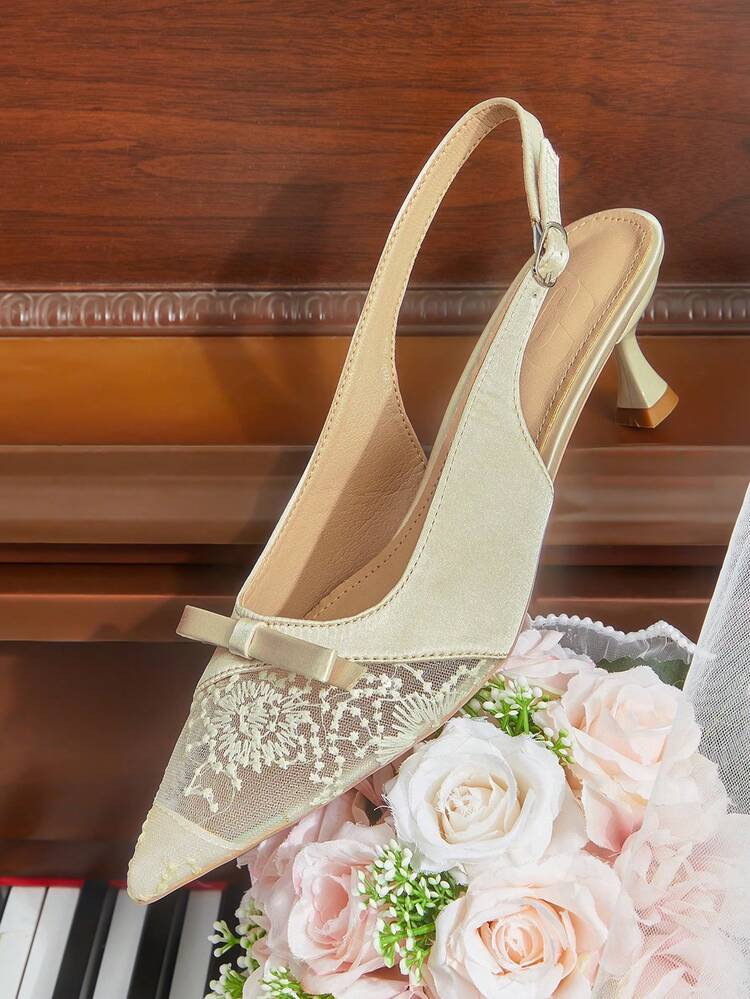 CUCCOO HITCHD Women Shoes Women Apricot Lace Satin Heels Bow Slingback Banquet Bridesmaid Shoes