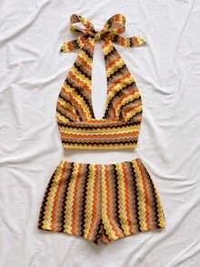 SHEIN WYWH 女士度假时尚波浪纹吊带背心和休闲短裤两件套 - 彩色 - 查看 3