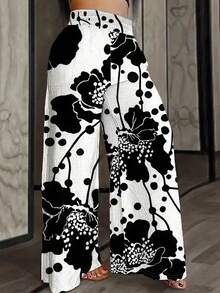 INAWLY Plus Size Floral Print Palazzo Pants Fall Cloth For Women - Black and White - View 1