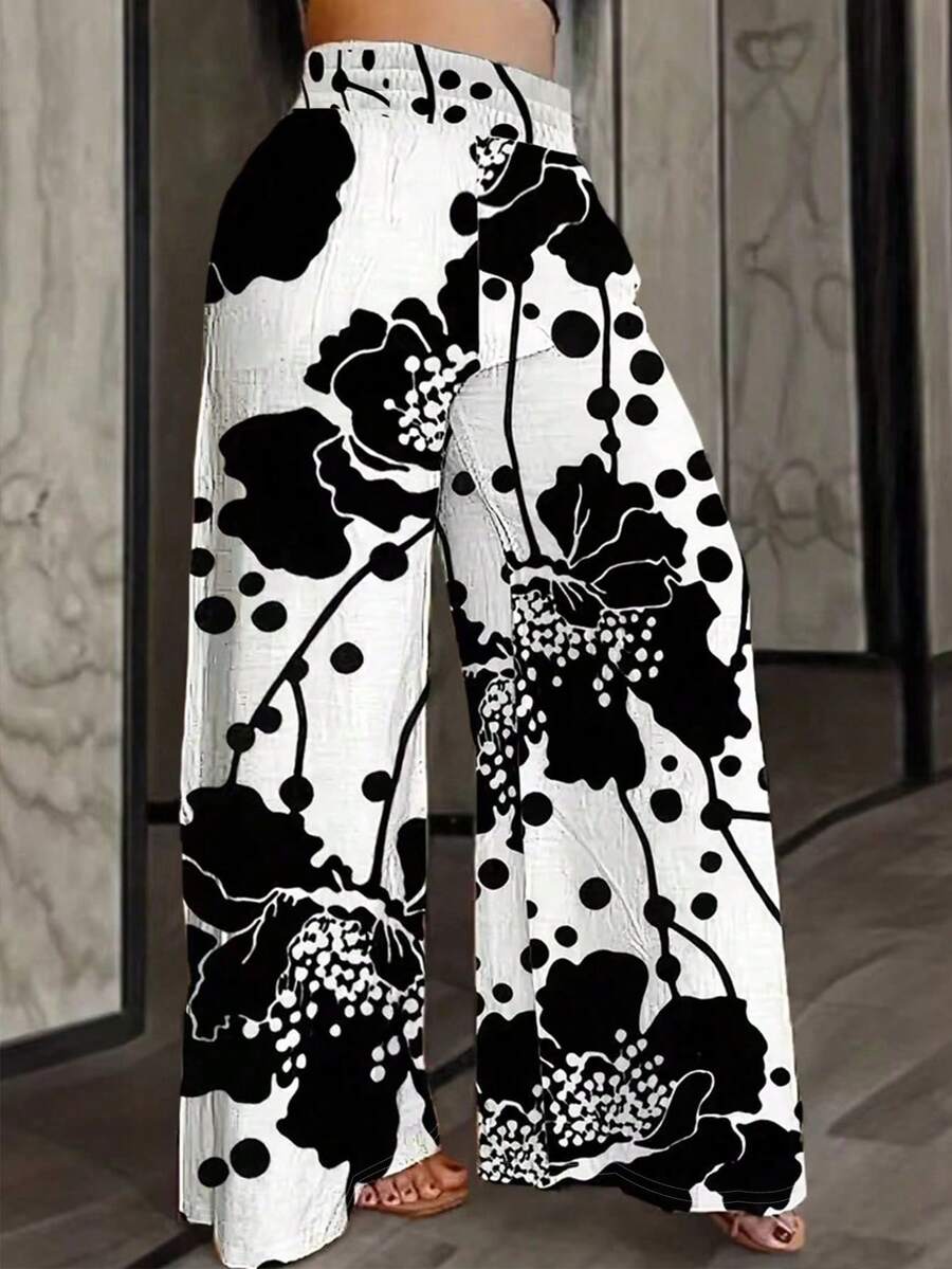 INAWLY Plus Size Floral Print Palazzo Pants Fall Cloth For Women - Black and White - View 1