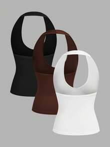 Tseoso Femmes 95% Coton Été 3 pièces Hauts Dos Nu Couleur Unie Noir, Blanc et Marron - Style Élégant Chic de Rue Y2K, Look Mignon Doux Fille et Propre Fille, Parfait pour les Tenues d'Été et de Printemps, Brunch, Tenue de Rue, Soirée, Trajet, Croisière, Voyages à Ibiza, Festivals Occidentaux, Mode Rétro Vintage Genz, Détente à la Maison, Rentrée Scolaire, Sport, Yoga, Vélo, Concerts, Raves et Festivals de Musique - Multicolore - Voir 2