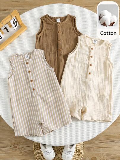 SHEIN 3pcs Newborn Baby Unisex Casual Striped Sleeveless Romper & Bib Shorts Set, Suitable For Outing And Vacation Baby Clothes Neutral Baby Clothes Unisex Baby Clothes