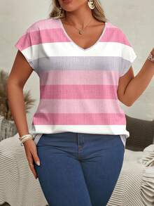 EMERY ROSE Plus Size Women Colorblock Striped Pattern Batwing Sleeve V-Neck T-Shirt - Multicolor - View 4
