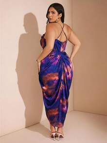 SHEIN BAE Plus Size Woman Blue Floral Satin Swing Neck Spaghetti Strap Draped High Slit Midi Dress,Summer 70's Boho Elegant Party Rave Wedding Guest Homecoming - Purple - View 2