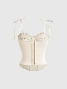 ROMWE Áo croptop buộc dây phía trước viền ren Sweet & Spicy - Màu be - Xem 2