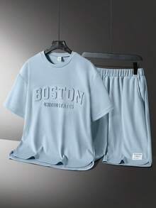 Vacaura Set de 2 piezas - Outfit casual para adolescentes varones con estampado en relieve con gráficos en inglés en sudadera cuello redondo con bajo curvo y shorts minimalistas impresos, adecuado para verano y otoño - Celeste - Ver 3