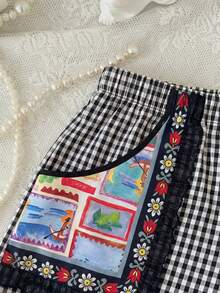 Flirla Red Plaid Cute Fruit Pattern Women Shorts - Black - View 7