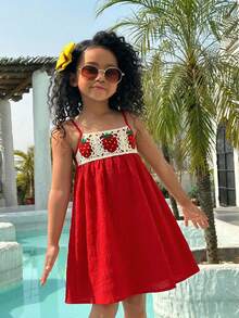 SHEIN Vestido de tirantes tejido cómodo y casual para niña - Rojo - Ver 7