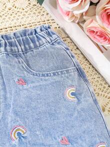 Celana Pendek Denim Slim Fit Modis dengan Bordir Hati Warna-warni dan Hiasan Ruffle di Pinggang untuk Anak Perempuan, Musim Panas - Light Wash - View 6