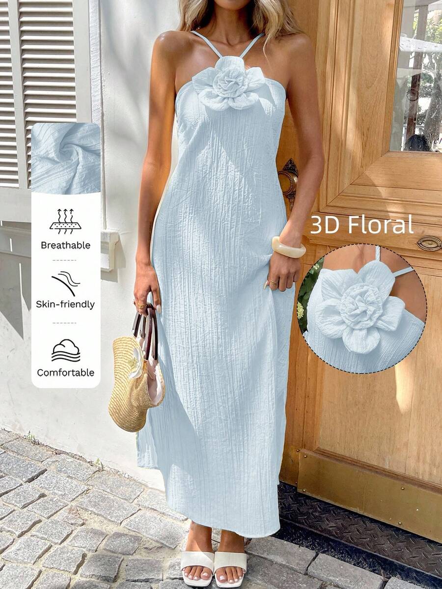 SHEIN LUNE Đầm không tay dáng rộng, màu trơn, họa tiết hoa 3D, kiểu dáng thường ngày. - Màu xanh nhạt - Xem 1