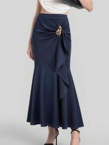 Modelyn Women's Solid Color Metal Decor Ruffle Hem Casual Versatile Date Outing A-Line Skirt - Navy Blue - View 2