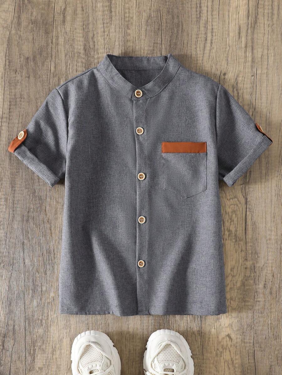 SHEIN Mirajuku 1件青少年男童立领纯蓝色休闲短袖衬衫，适合春夏穿着，百搭实用 - 灰色 - 查看 1