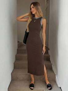 SHEIN LUNE 女士休闲简约棕色修身连衣裙，领口和袖口饰有刺绣，侧开衩中长款 - 彩色 - 查看 4