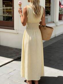 Pariaura 女士格子休闲系带连衣裙，优雅款式 - 鵝黃色 - 查看 2