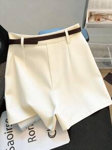 SHEIN PETITE 女款高腰米白色附腰帶短褲，優雅夏季套裝短褲，辦公室正裝褲，休閒寬腿工作穿搭，百搭時尚短褲，適合嬌小女性 - 杏色 - 查看 2