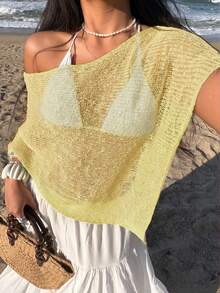 Sunnyshic 女士绿色镂空极简薄纱休闲度假风针织罩衫，夏季 - 黃色 - 查看 3