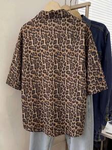 Franclia Women's Chic Leopard Print Blouses,Dark Brown Loose Fit Half Sleeve Shirts,Fall Winter Everyday Casual Simple Versatile Cheetah Pattern Blouses - Multicolor - View 2