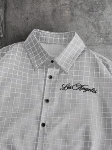 AXEPEAK 男士宽松字母格子印花短袖梭织衬衫 - 淺灰色 - 查看 3