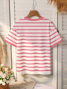 Girls' Round Neck Short Sleeve T-Shirt, Striped + Heart Pattern, Suitable For Spring And Summer, Minimalist Casual Fashionable Versatile - White - View 2