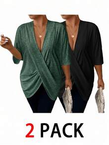 SHEIN Essnce Plus Size Women's T-Shirt, Baggy Top, 2-Piece, Black Top Going Out Tops,Summer Outfits For Women,Spring Clothes Two Pieces Summer Set Summer Set - Multicolor - View 1