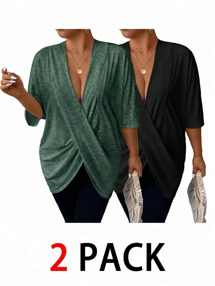 SHEIN Essnce Plus Size Women's T-Shirt, Baggy Top, 2-Piece, Black Top Going Out Tops,Summer Outfits For Women,Spring Clothes Two Pieces Summer Set Summer Set - Multicolor - View 1