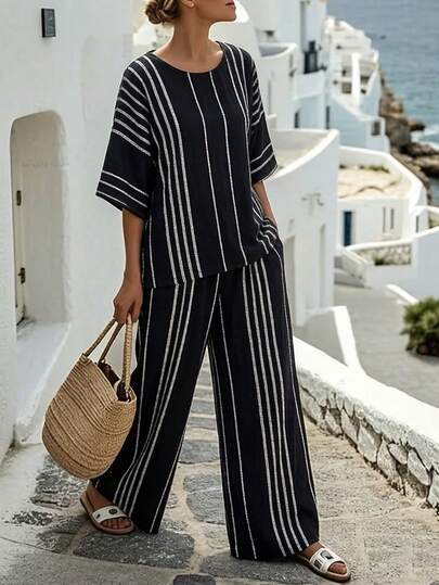 Weeklong Plus Size Casual Vacation Style Set, Loose Round Neck Striped Print Top And Slant Pocket Pants, 2 Piece Outfit