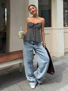 Muchica 女款黑白條紋抽繩抹胸上衣，可愛 Pinterest 風度假夏季海灘休閒性感上衣 - 黑色 - 查看 5