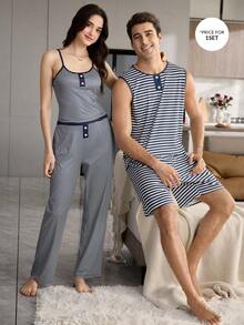 CoupledUp Conjunto de pijama casual sin mangas con estampado de color a contraste a rayas para hombres de talla grande - Azul - Ver 8