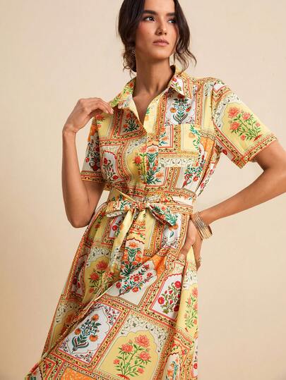 LOTSLUV Đầm nữ mùa xuân/hè cổ sơ mi tay ngắn có thắt lưng, họa tiết hoa nhiệt đới khắp thân đầm.